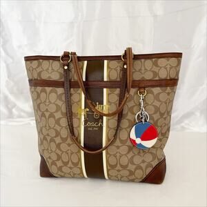 COACH Signature Heritage Stripe Tote Shoulder Bag Coated Canvas Leather w Charm